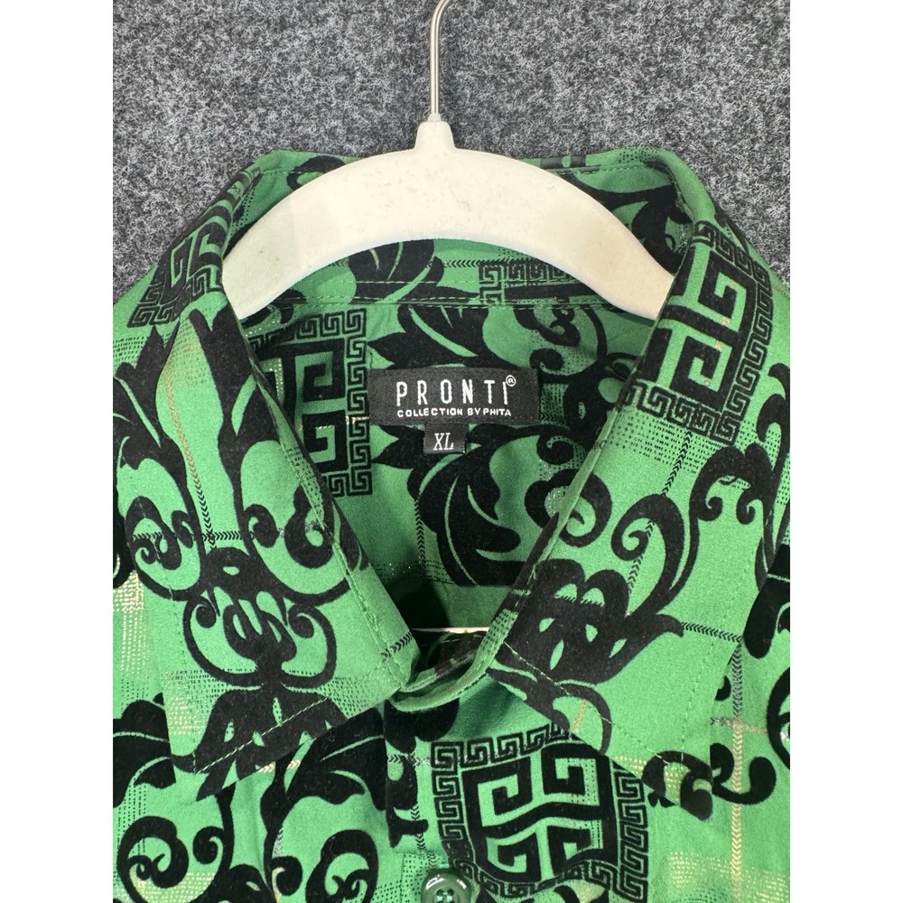 Pronti Collection by Phita Mens XL Green Black Flocked Button Up Shirt Nightlife - Picture 4 of 9